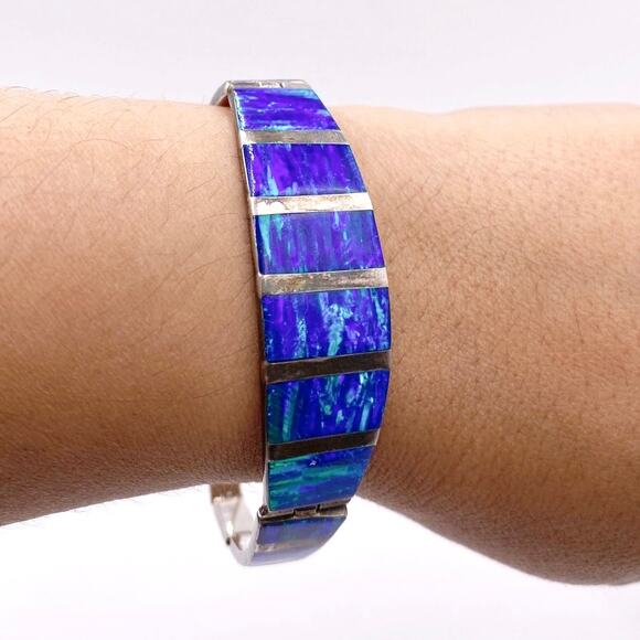 Taxco Mexico Sterling Silver Bracelet With Inlaid Fire Blue Opal Panels 7” - Picture 3 of 9